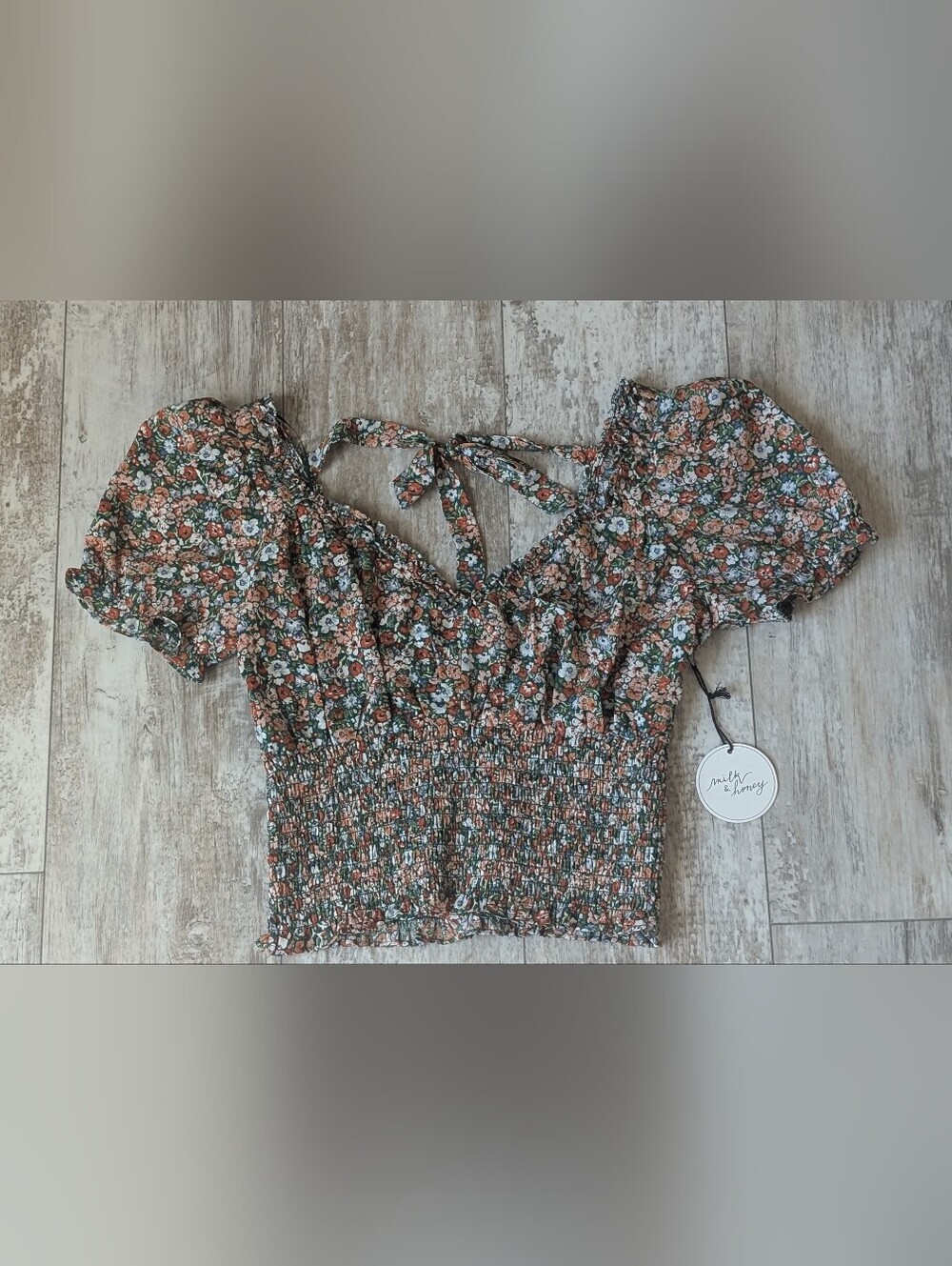 Smocked Floral Tie-Back Crop Top in Rust Green